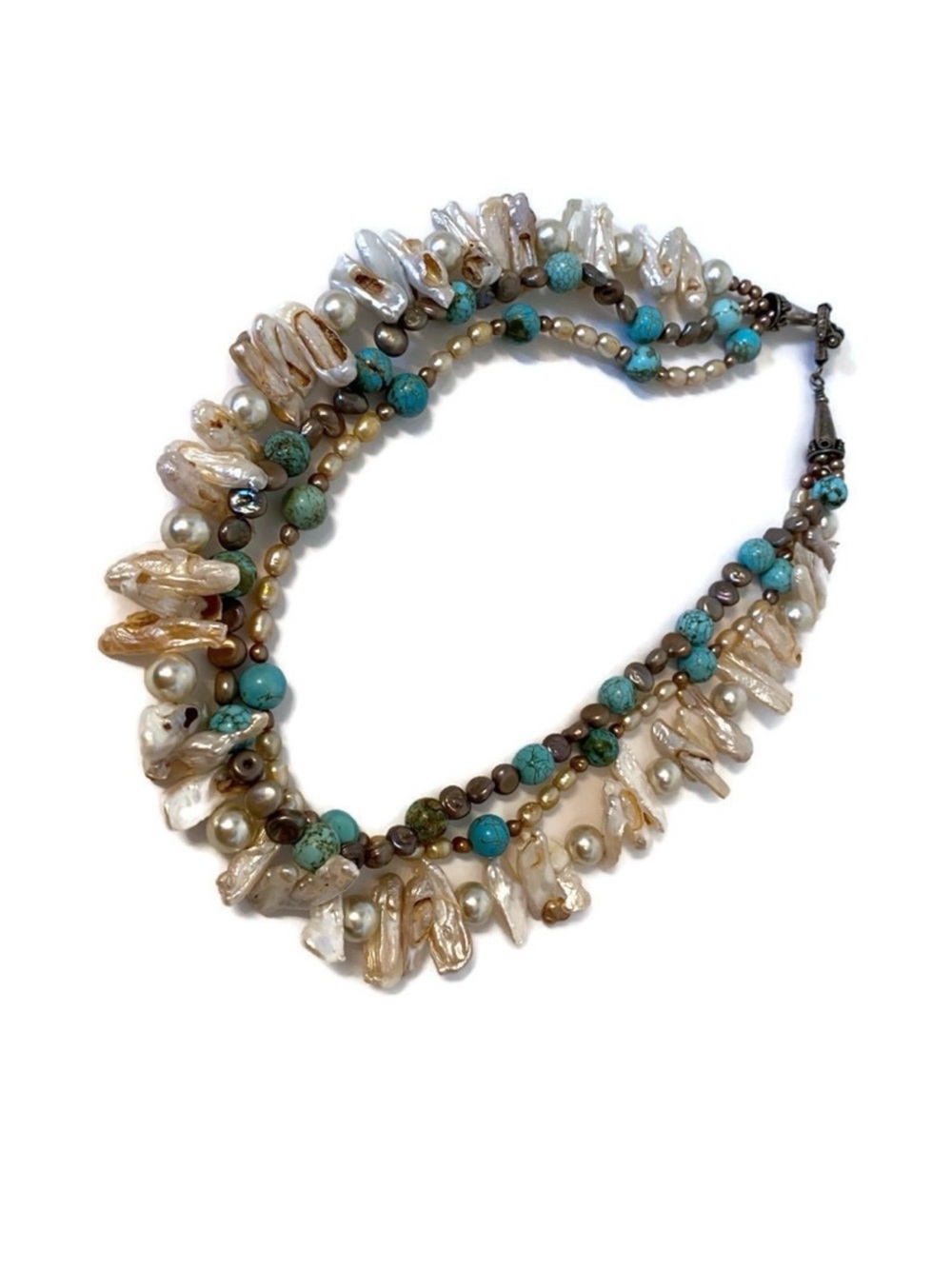 NECKLACE BLUE BEADS FRESHWATER PEARLS MOP WHITE SHELL FRINGE STATEMENT BOHEMIAN